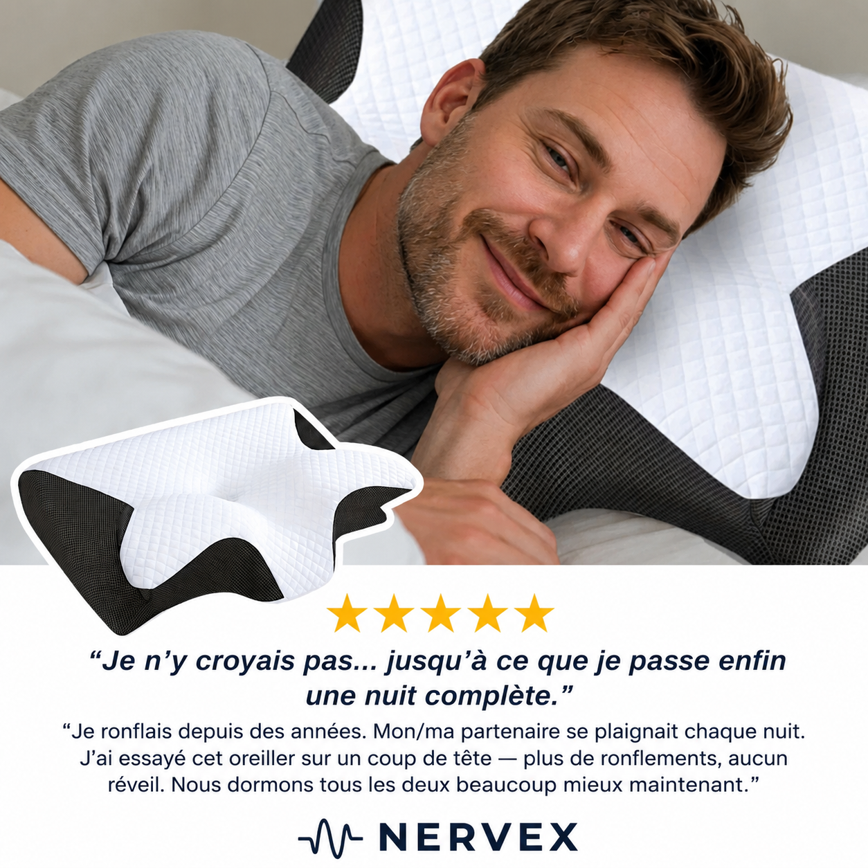 NeuroSleep™ Pro — Le seul oreiller conçu pour fonctionner avec NeuroAir : il maintient vos voies respiratoires dégagées pendant que les impulsions neuronales font leur travail.