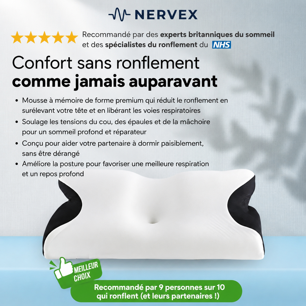 NeuroSleep™ Pro — Le seul oreiller conçu pour fonctionner avec NeuroAir : il maintient vos voies respiratoires dégagées pendant que les impulsions neuronales font leur travail.